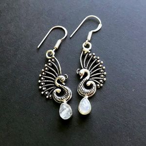 Unique Indian Earrings with Moonstone and Bird